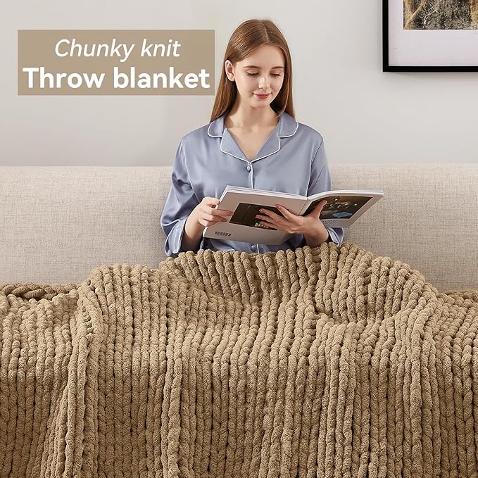 Negwoo Chunky Knit Throw Blanket, 80''*90'' Knitted Throw Chenille Yarn for Bed Couch, Handmade Light Brown Crochet Big Thick Blanket, Machine Washable Cute Comfy Blanket for Home Decor