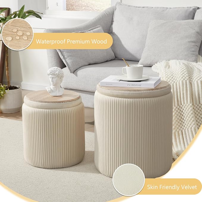 Royal Windsor Round Ottoman with Storage Set of 2,Vanity Stool with Storage for Bedroom, Ottoman Coffee Table,Small Velvet Foot Stool for Living Room, Beige
