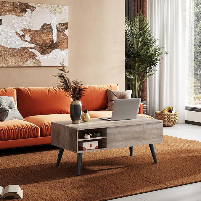 WLIVE Lift Top Coffee Table for Living Room,Small Coffee Table with Storage, Adjustable Shelf and Storage Compartment, Mid Century Modern Living Room Table, Greige