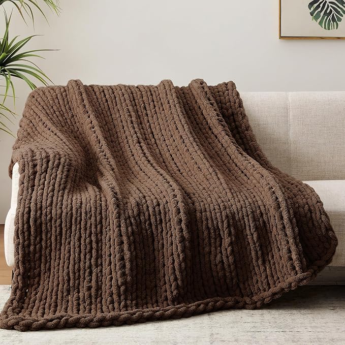 Negwoo Chunky Knit Throw Blanket, 60''*80'' Knitted Throw Chenille Yarn for Bed Couch, Handmade Dark Brown Crochet Big Thick Blanket, Machine Washable Cute Comfy Blanket for Home Decor