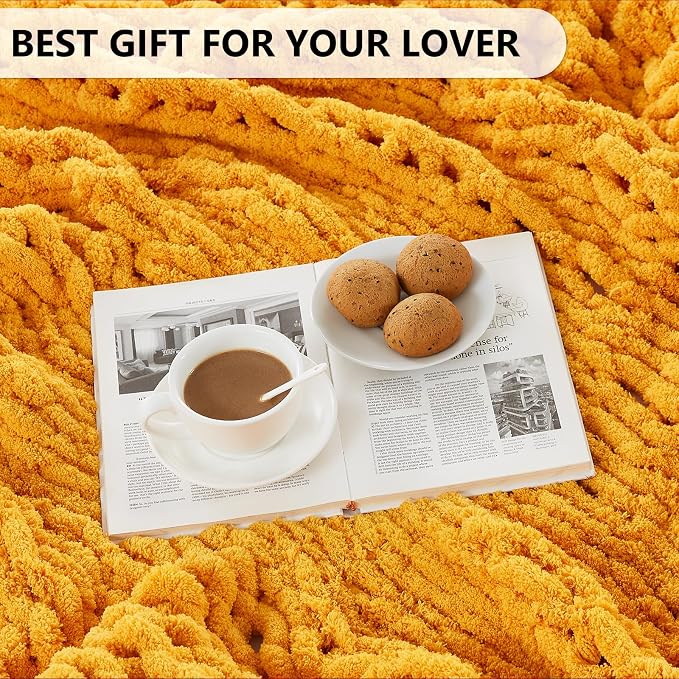 L'AGRATY Chunky Knit Blanket Throw: 72''x84'' Chenille Chunky Knitted Throw Blankets for Bed Couch - Handmade Thick Big Cable Knit Blanket - Large Crochet Rope Blankets for Home Decor(Yellow)