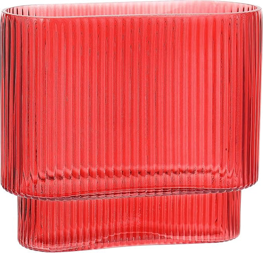Ribbed Vase, Red Glass Vase for Flowers, Red Flower Vases for Tulips, Modern Vases for Living Room, Dining Table, Office, Bedroom, Mantle, Shelf, Wedding, 7 Inch