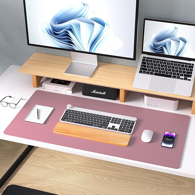 Aothia Leather Desk Pad Protector, Mouse Pad, Office Desk Mat, Non-Slip PU Leather Desk Blotter, Laptop Desk Pad, Waterproof Desk Writing Pad for Office and Home (48"x17", Dark Pink)