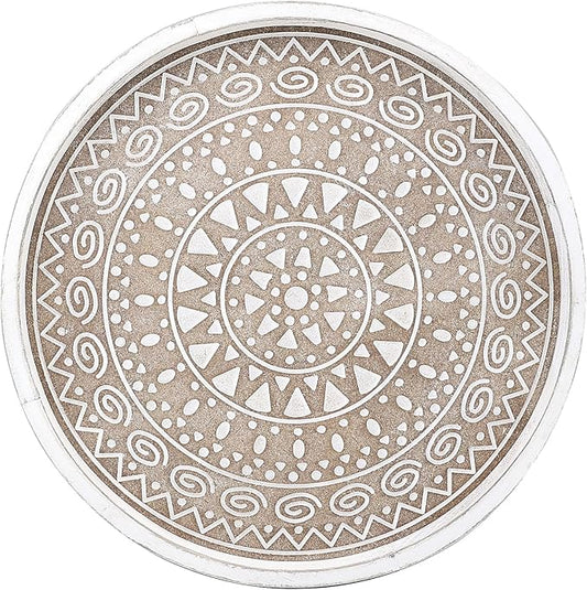 Hrastany Boho Round Wooden Decorative Tray, White Farmhouse Candles Tray for Home Decor, A Pattern
