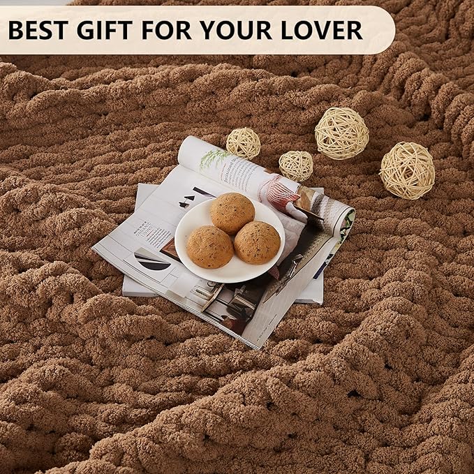 L'AGRATY Chunky Knit Blanket Throw - Soft Chunky Throw Blanket 30x40 inches: 100% Hand Kintted Chenile Crochet Throw Blanket for Couch - Large Cable Knit Chunky Blanket for Home Decor(Brown)