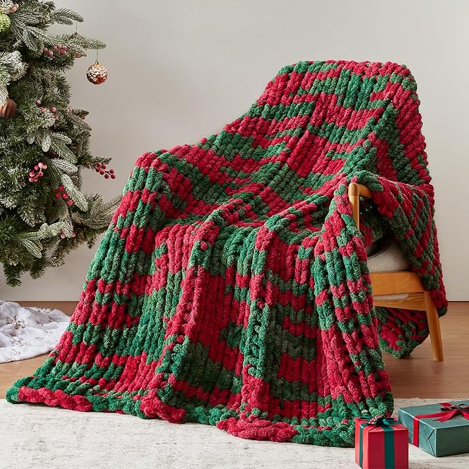 Negwoo Chunky Knit Throw Blanket, 40''*50'' Knitted Throw Chenille Yarn for Bed Couch, Handmade Stripe Crochet Big Thick Blanket, Machine Washable Cute Comfy Blanket for Home Decor