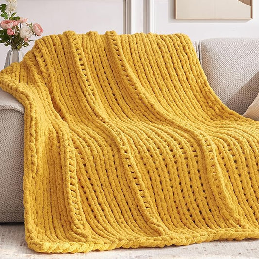 Negwoo Chunky Knit Throw Blanket, 60''*80'' Knitted Throw Chenille Yarn for Bed Couch, Handmade Yellow Crochet Big Thick Blanket, Machine Washable Cute Comfy Blanket for Home Decor