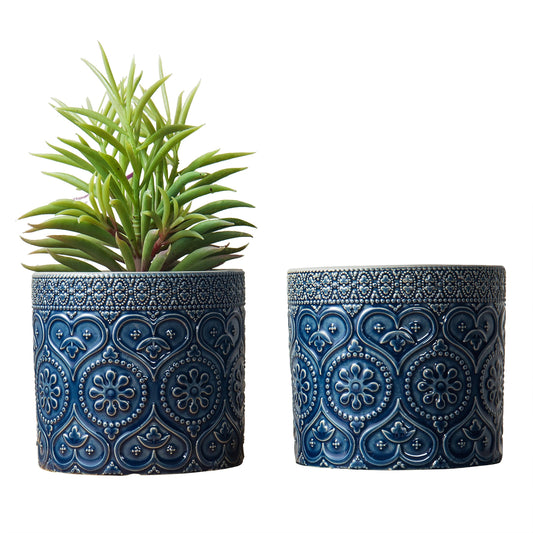 MyGift 4 Inch Cobalt Blue Ceramic Indoor Small Planter Vase, Succulent Plant Pot with Embossed Design and Solid Bottom, Set of 2