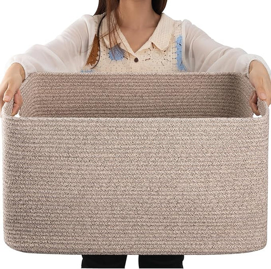 OIAHOMY 75L Large Woven Cotton Rope Storage Basket with Handle for Organizing Blanket and Toys for Living Room, Nursery, Brown Variegated 22”x17”x12”