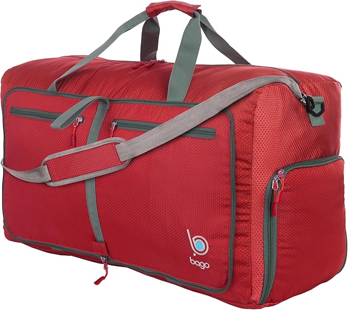 Bago Foldable Duffel Bags for Traveling Women & Men - 60L Medium Packable Duffle Bag for Travel with Shoe Compartment - Water Repellant, Heavy Duty, Lightweight Folding & Collapsible (Red)