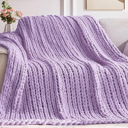 Negwoo Chunky Knit Throw Blanket, 30''*40'' Knitted Throw Chenille Yarn for Bed Couch, Handmade Light Purple Crochet Big Thick Blanket, Machine Washable Cute Comfy Blanket for Home Decor