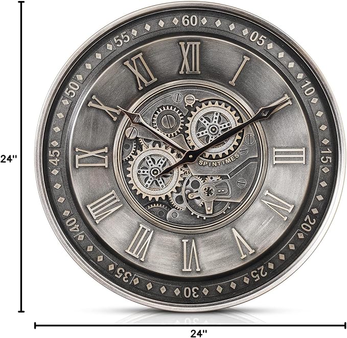 CLXEAST 24 Inch Large Moving Gear Wall Clock for Living Room Decor, Antique Silver Metal Roman Numerals Wall Clocks for Home Office