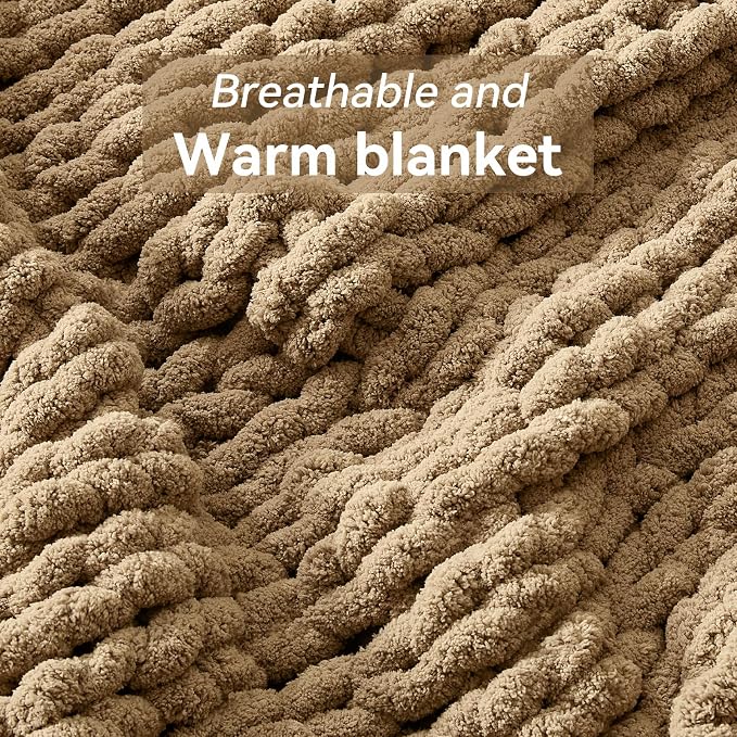 Negwoo Chunky Knit Throw Blanket, 30''*40'' Knitted Throw Chenille Yarn for Bed Couch, Handmade Light Brown Crochet Big Thick Blanket, Machine Washable Cute Comfy Blanket for Home Decor