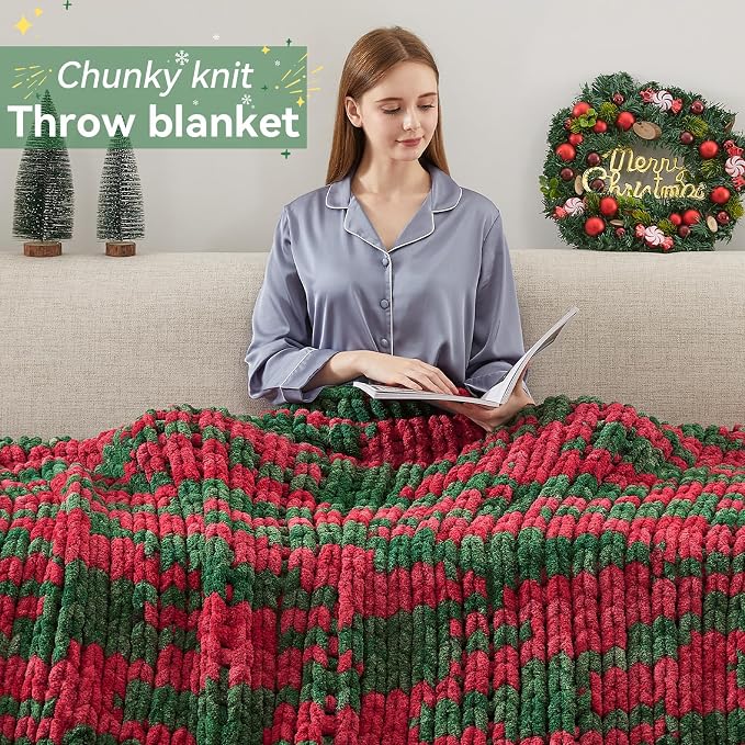 Negwoo Chunky Knit Throw Blanket, 60''*80'' Knitted Throw Chenille Yarn for Bed Couch, Handmade Stripe Crochet Big Thick Blanket, Machine Washable Cute Comfy Blanket for Home Decor