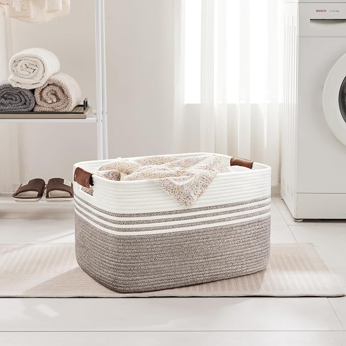 72L Large Laundry Basket with Leather Handles for Living Room Storage, Woven Rope Baskets Bin for Blanket, Kids Toy, Gifts, Wicker Hamper for Bedroom Dirty Clothes, 22"x17"x12" Dark Brown