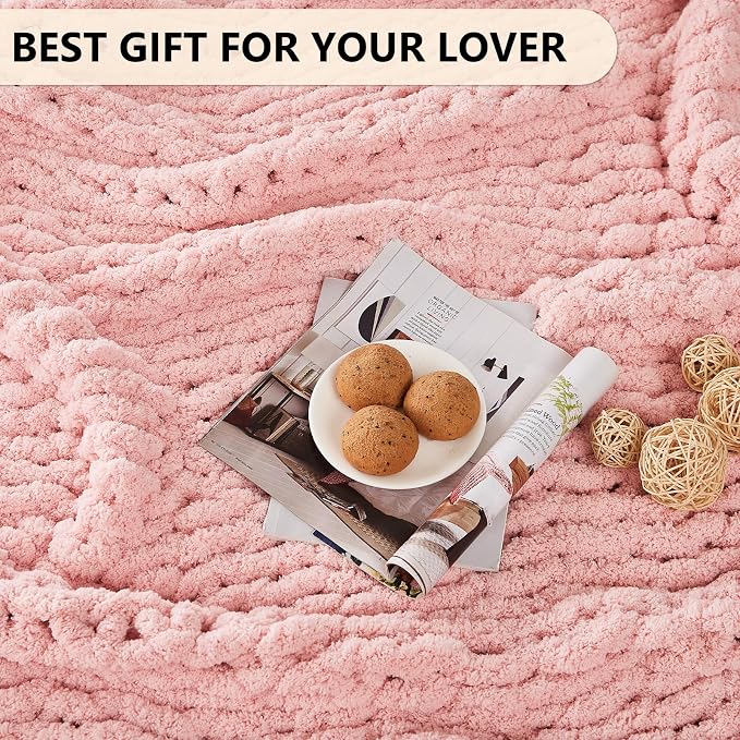L'AGRATY Chunky Knit Blanket Throw: 72''x84'' Chenille Chunky Knitted Throw Blankets for Bed Couch - Handmade Thick Big Cable Knit Blanket - Large Crochet Rope Blankets for Home Decor(Pink)